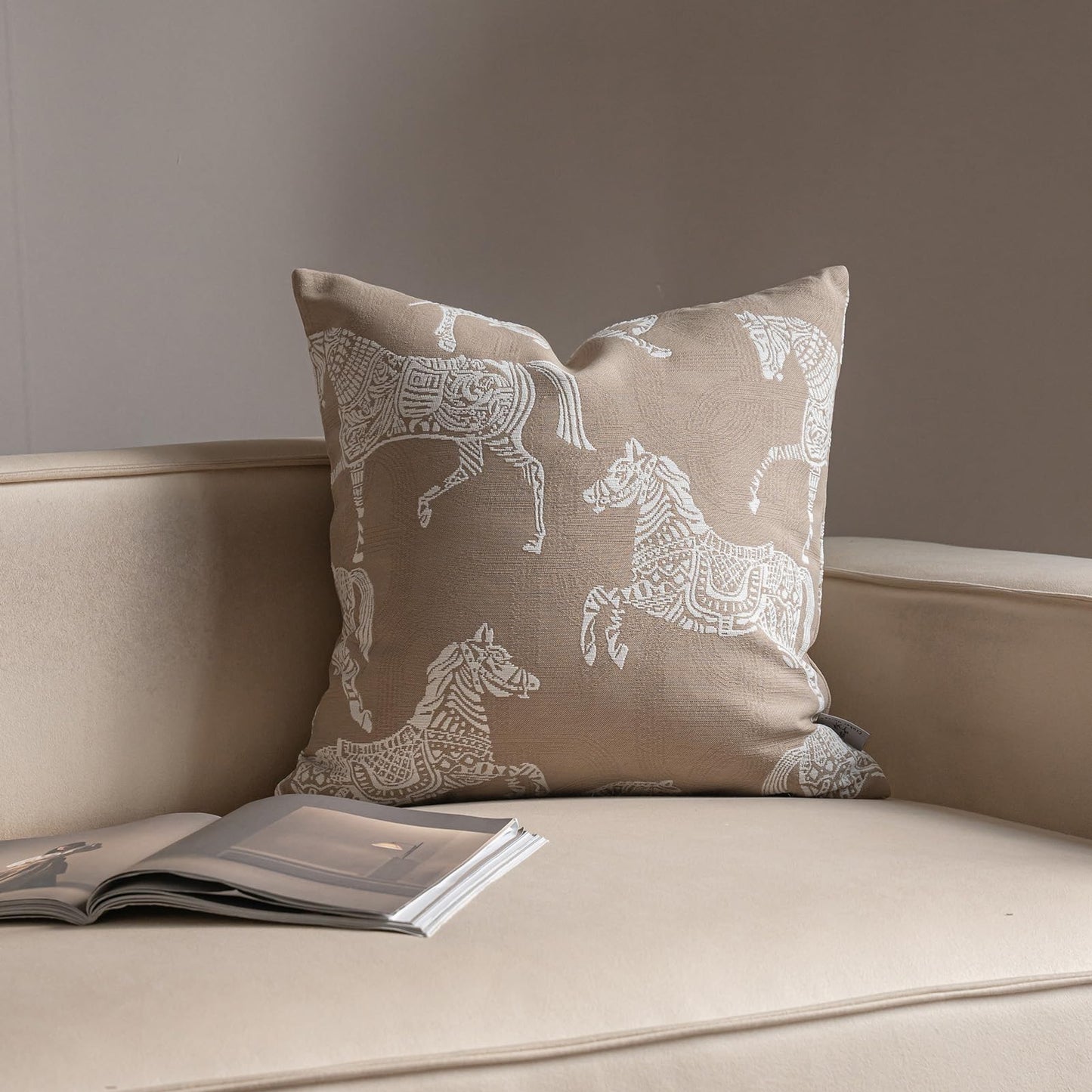 Croker Horse 20x20'' Inches Throw Pillow Cushion Cover - Beige Royal Horse Pattern Chenille Embroidery Jacquard Luxury Modern Fashion Style Couch Sofa Pillow Covers for Bedroom Living Room