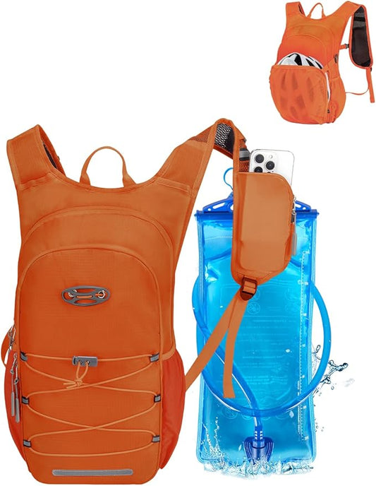 Hydration Backpack with 2L Water Bladder, Hiking Water Backpack for Men Women with Phone Pocket and Helmet Holder