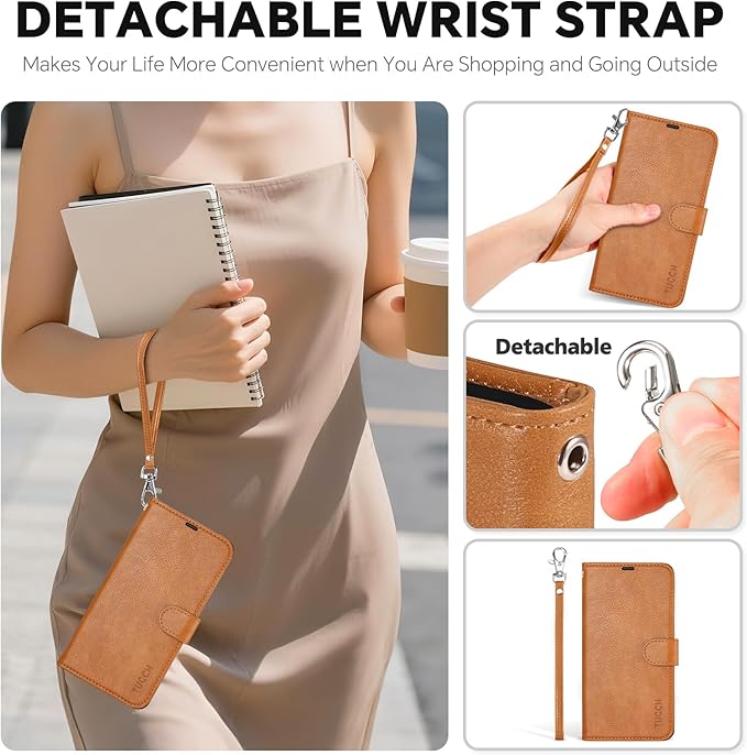 TUCCH Detachable Case Wallet for iPhone 17 (6.3") 2025, Wrist Strap | 4 Card Slots RFID Blocking | Wireless Charging | Stand | 2-in-1 Magnetic | PU Leather | Shockproof Folio Cover | Light Brown