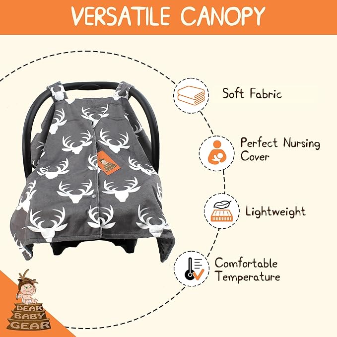 Dear Baby Gear - 40x30 Car Seat Canopy, Infant Carrier Cover for Boys & Girls, Cozy Fall, Nursing & Stroller Use, Newborn Travel Sunshade Accessory White Antlers on Gray, Gray Reverse