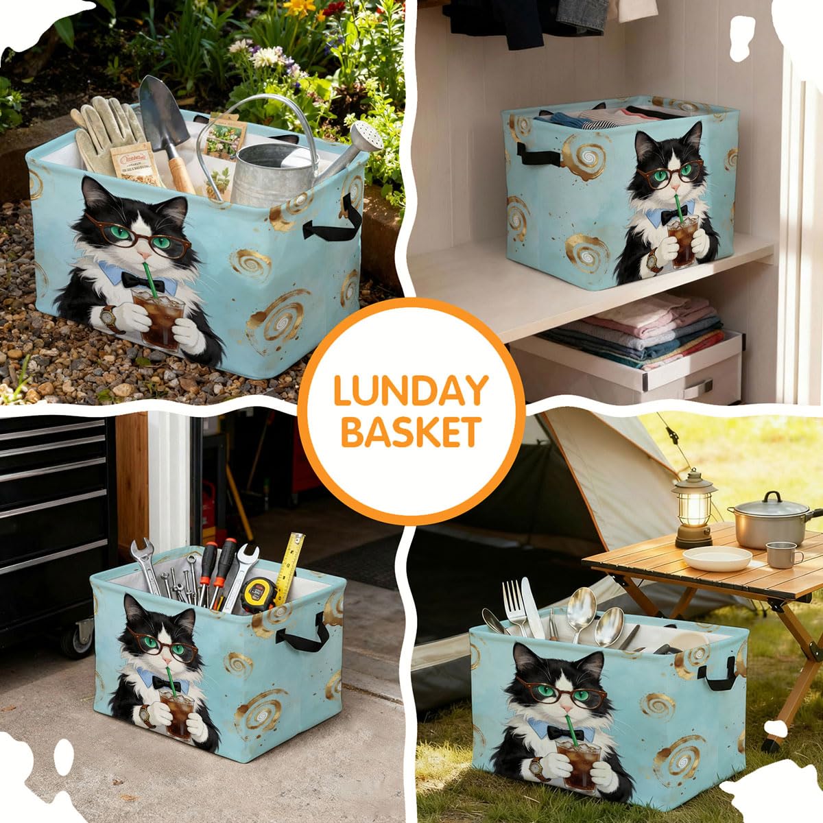 56L Cat Coffee Foldable Square Laundry Hamper with Handles – Large Clothes, Blanket & Toy Storage Basket for Home Organization.
