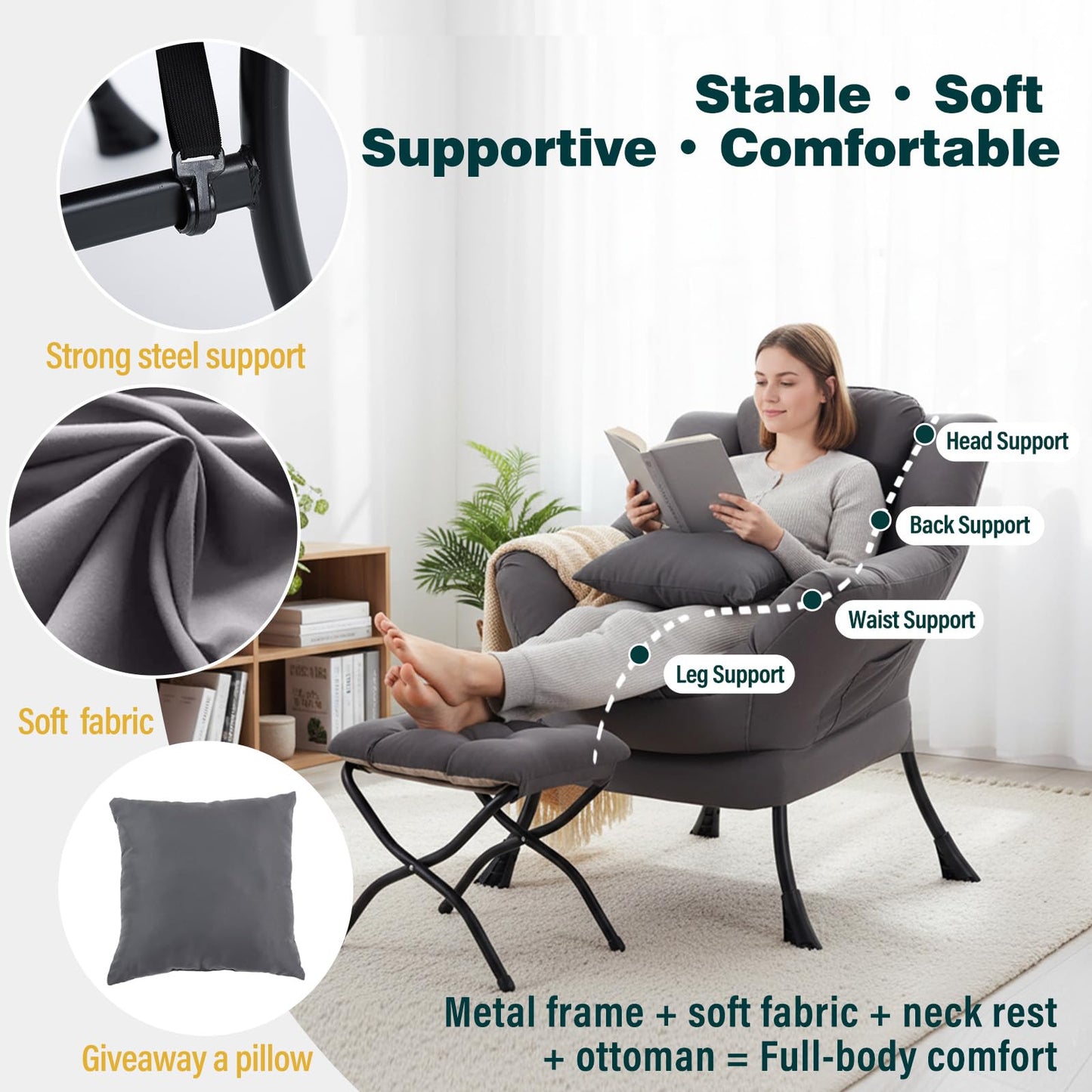 HomEastlly Lazy Chair with Ottoman, Large Accent Chair with Ottoman and a Throw Pillow, Dark Grey Reading Chair for Living Room Bedroom Dorm Room Office Apartment Relaxing Use