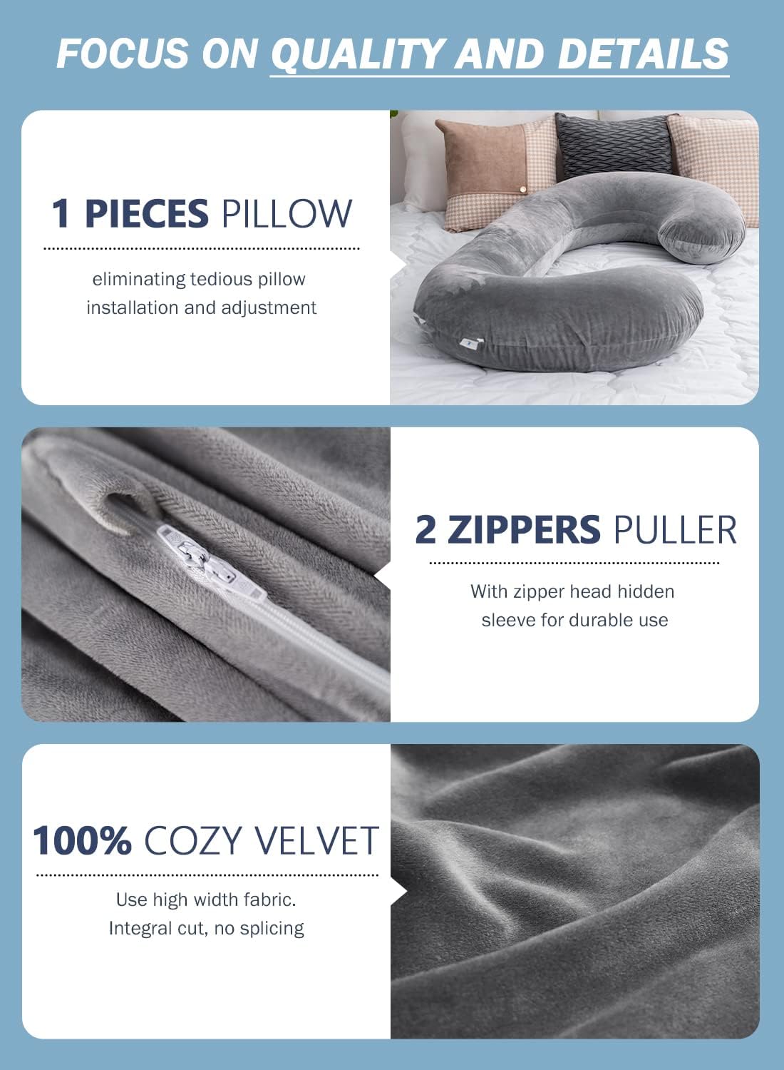 INSEN Pregnancy Pillow for Sleeping, Maternity Pillow with Jersey Cotton Cover,C Shaped Body Pillow for Pregnant (Gray)