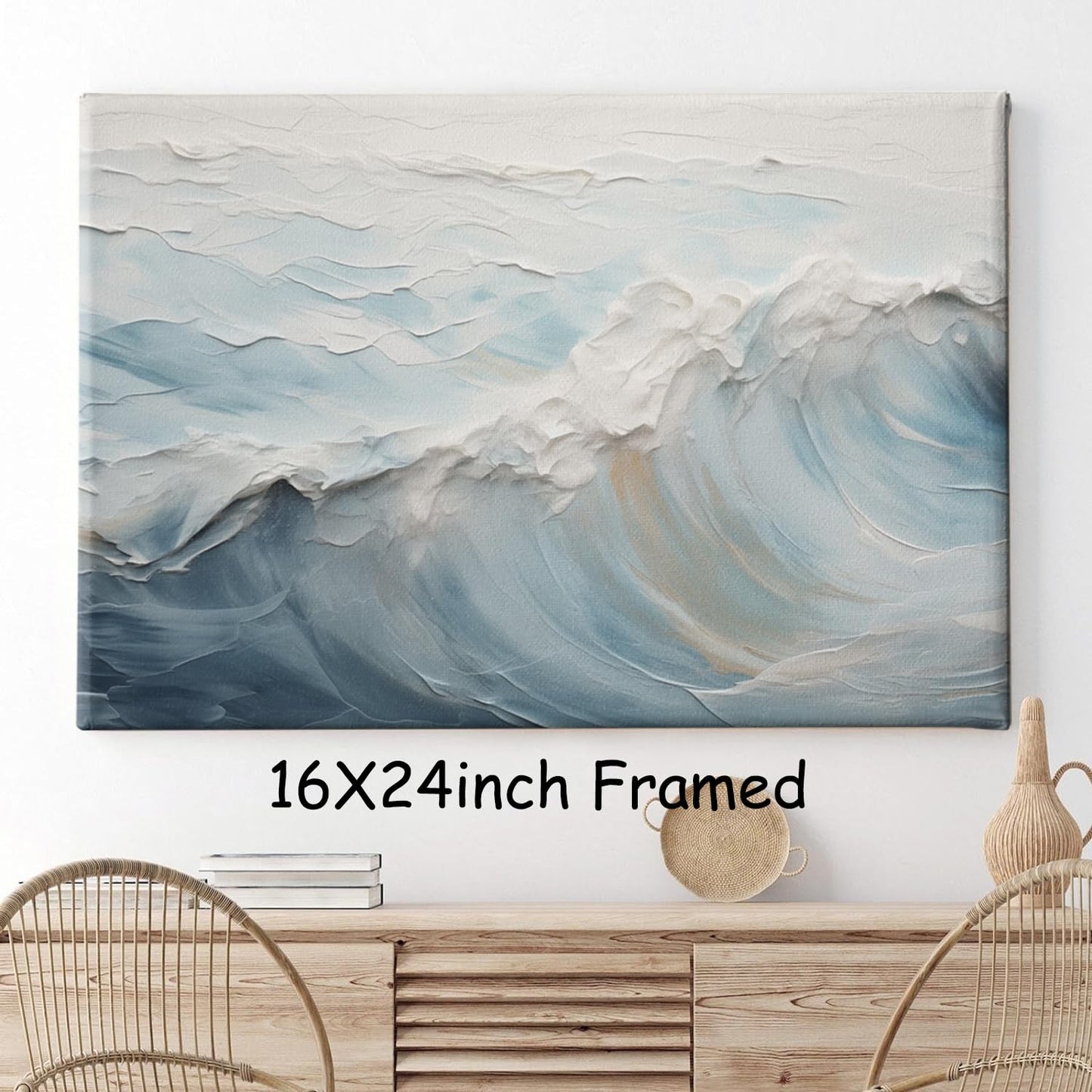 Neutral Ocean Wall Art Abstract Seascape Painting Trendy Beach Prints Ocean Landscape Pictures Wall Decor Blue and White Coastal Prints Abstract Wave Poster for Livingroom Bedroom 16x24in Framed