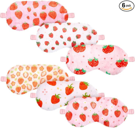 Cuffbow 6 Pcs Plush Sleep Eye Mask Silk Furry Eye Covers for Sleeping Cute Sleep Mask Fluffy Comfortable Sleeping Blindfold for Travel Sleepover Nap Party Supply Women(Strawberry,Pink)