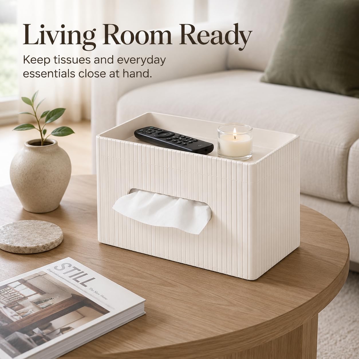 KINGFOM Ribbed PU Leather Tissue Box Cover with Storage Tray, Rectangular Facial Tissue Holder for Bathroom Vanity, Nightstand & Office Desk, Modern Decorative Tissue Dispenser (Ivory White)