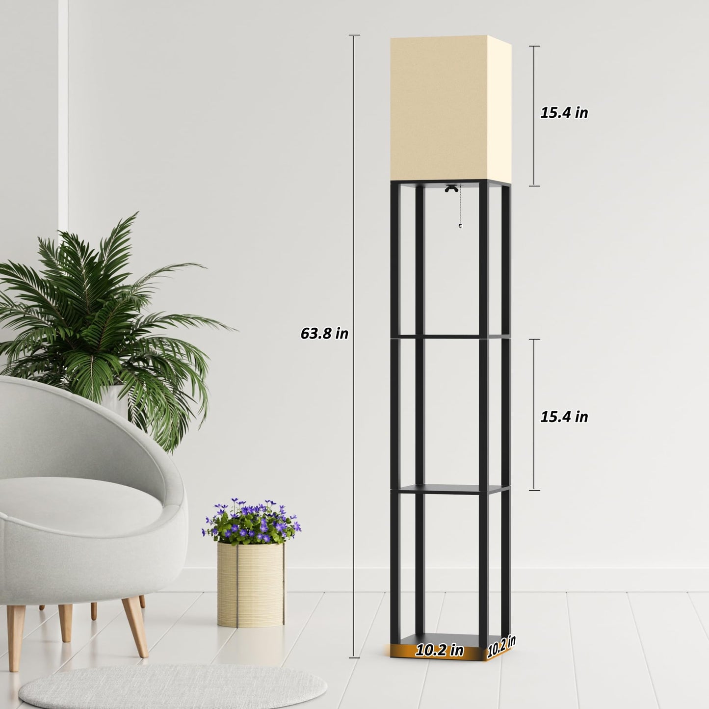 Befancy Floor Lamp with Solid Wood Shelves for Living Room, 3-Tier Shelf Standing Lamp with LED Bulb and Pull Chain Switch, Corner Display Bookshelf Lamp for Living Room and Bedroom(Black)