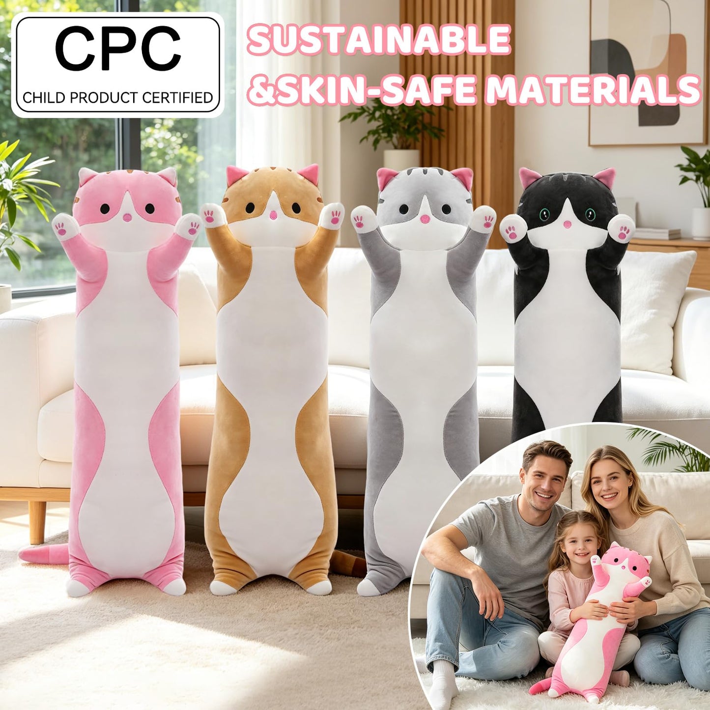 SHINUOER Cute Cat Plush Long Body Pillow – Soft Cartoon Stuffed Animal Doll, Kawaii Cat Plushie Cuddle Toy for Kids, Girls & Girlfriend (Pink, 51.1 Inch)