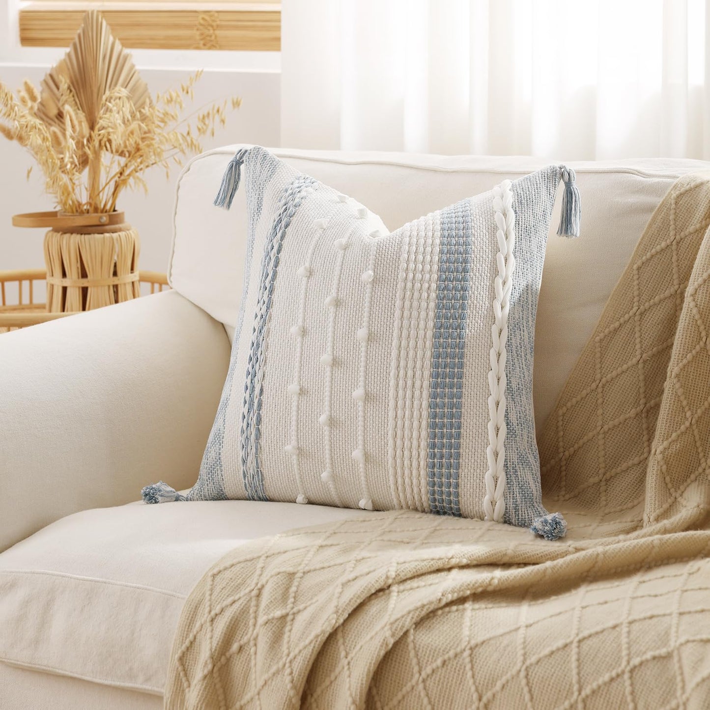 DEZENE Boho Pillow Cover 18x18 Coastal Blue - Handmade Woven Textured Throw Pillow Case with Cordings & Tassels, Decorative Accent for Couch Sofa Bed Farmhouse Living Room Bedroom Home Decor