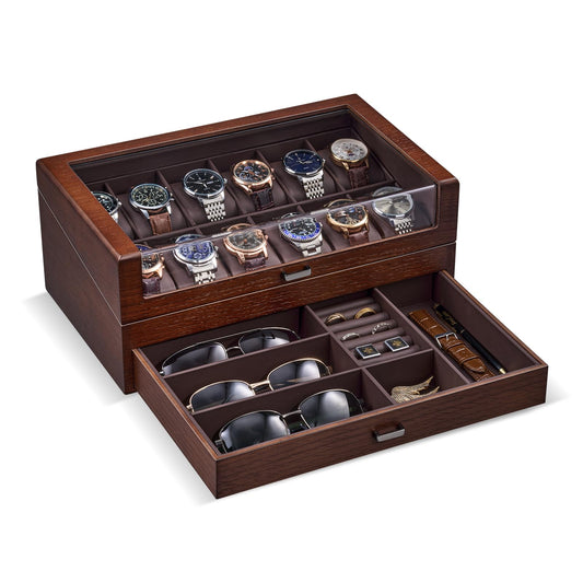 ProCase High End Wooden Watch Box for Men, 2-Layer Wood Watch Display Case Men's Jewelry Organizer Box with Drawer, Fathers Day Gift -12 Slot, Walnut