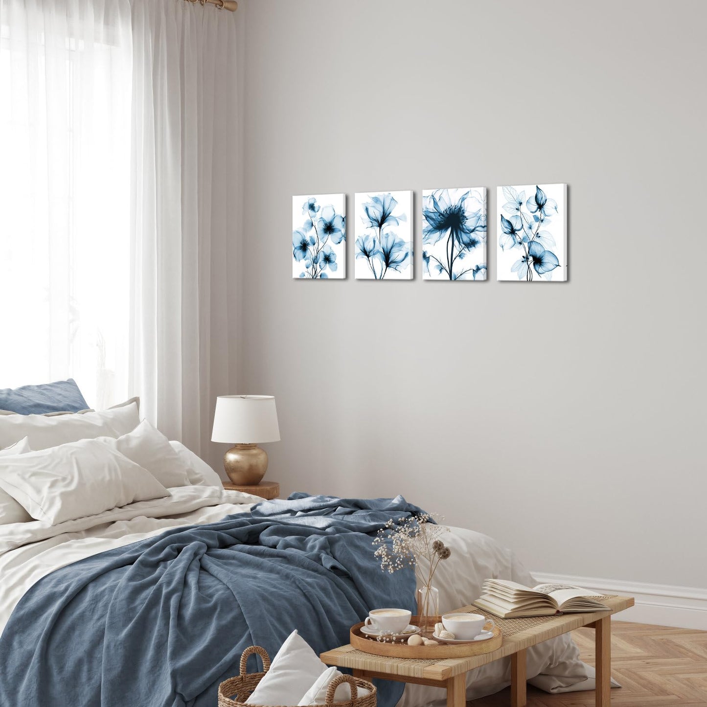 KREATIVE ARTS Blue Flickering Flower Canvas Wall Art - Modern Abstract Paintings, 4 Pcs, 12x16 Each, Graceful Floral Pictures, Gallery Wrapped for Living Room, Bedroom, Office Home Decor