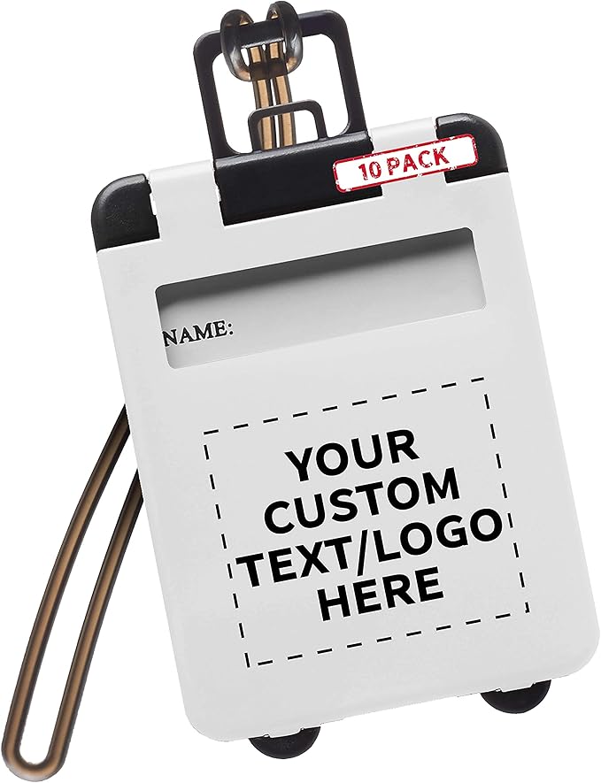 10 Mini Carry-on Luggage Tags Pack - Customizable Text, Logo - Flip Open Cover, ID Sticker - White