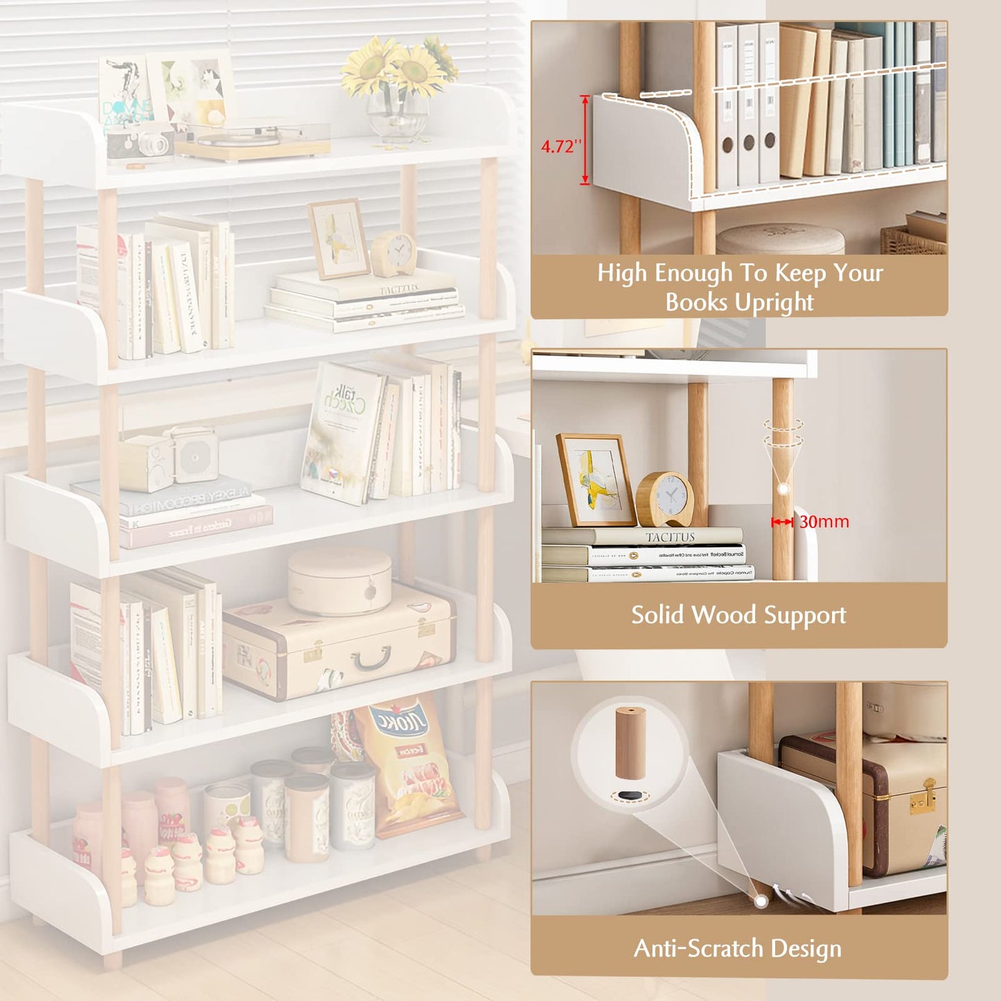 OSCHF 3-Tier Wooden Open Bookcase - Modern Display Bookshelf with Top Edge and Solid Wood Frame for Home and Office, Storage Cabinet, Warm White