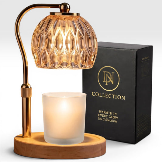 DN Collection Candle Warmer Lamp with Timer & Dimmer, Adjustable Height, Wax Melt Warmer for Jar Candles, Crystal Glass Shade, Wooden Base, Gold, Home Decor Gift