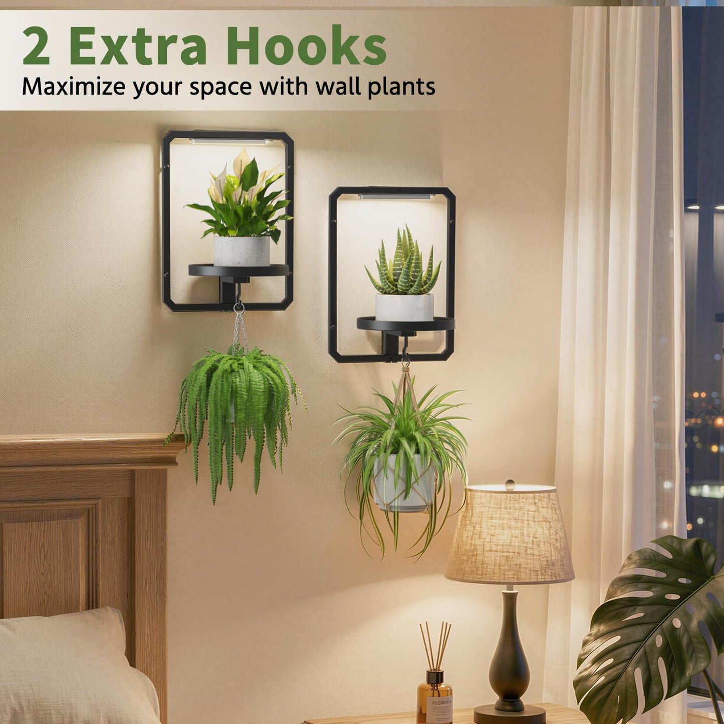 LASZOLA Plant Picture Frame Holder Wall Mount Indoor Window with 3 Grow Light, 3 Pack Modern Floating Flower Stand Shelf with Hooks, Metal Hanger Display Decor for Living Room, Black