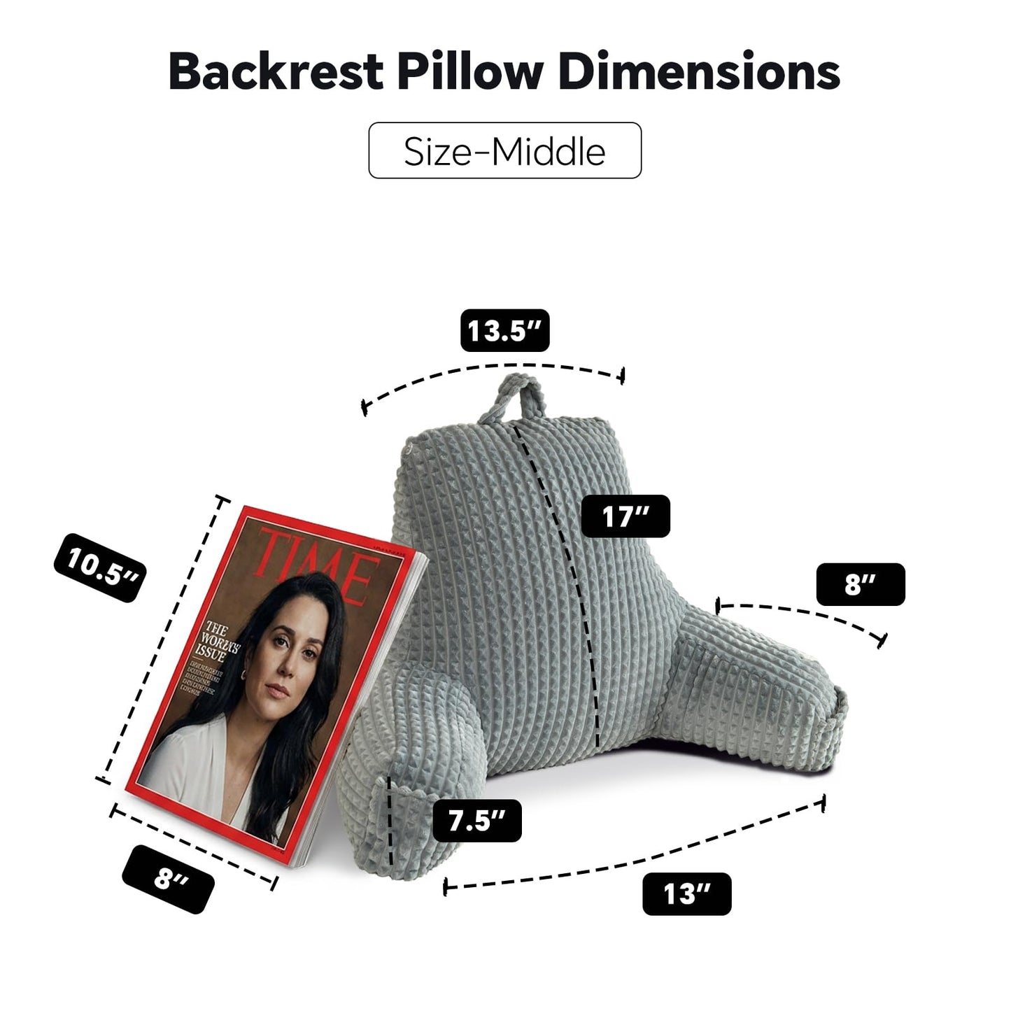 Wervity Sit Up Pillow for Reading Nook,Oeko-TEX Certified Odorless Flannel Backrest Pillow with Arms,17'' Tall Cozy Snuggle Back Rest for Teens,Compact Back Support,Size-M,Gray