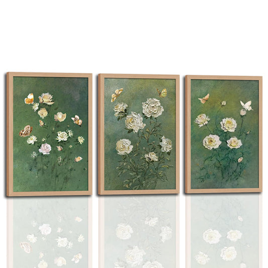 3Pcs Vintage Botanical Flower Framed Canvas Wall Art Abstract Green Floral Butterfly Painting Prints Poster, Rustic Cottage Garden Picture Decor for Living Room Bedroom Bathroom Home 12x16in
