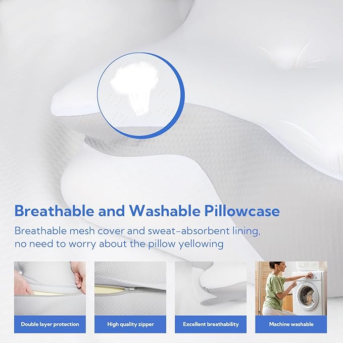 Cervical Pillow for Neck Pain Relief - Ergonomic Memory Foam Pillow, Cooling Sleeping Side Sleeper Pillow for Neck, Breathable Pillowcase Three-Hole Neck Support Contour for Side Back Stomach Sleeper