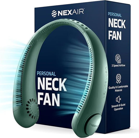 NEXAIR Portable Neck Fan - 3 Speed Rechargeable Bladeless Neck Fan, Adjustable Personal Green Neck Fan For Women & Men Modern Design, Great Cooling Fan For Travel, Outdoors & Sports
