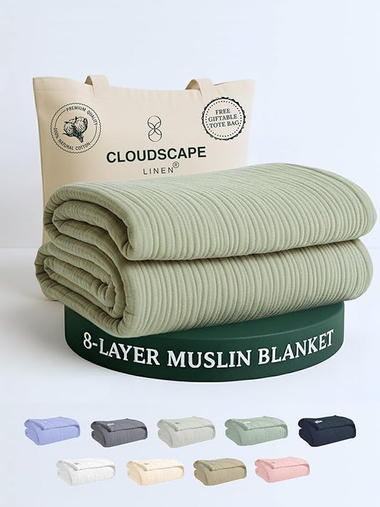 Cloud Scape Linen 100% Cotton 8 Layer Twin Size Muslin Blanket - Breatheable and Soft Winter Blanket for Bed, Couch and Sofa, Oversized Fits up to Twin XL, Best Gift Idea, 68x92, Sage Green