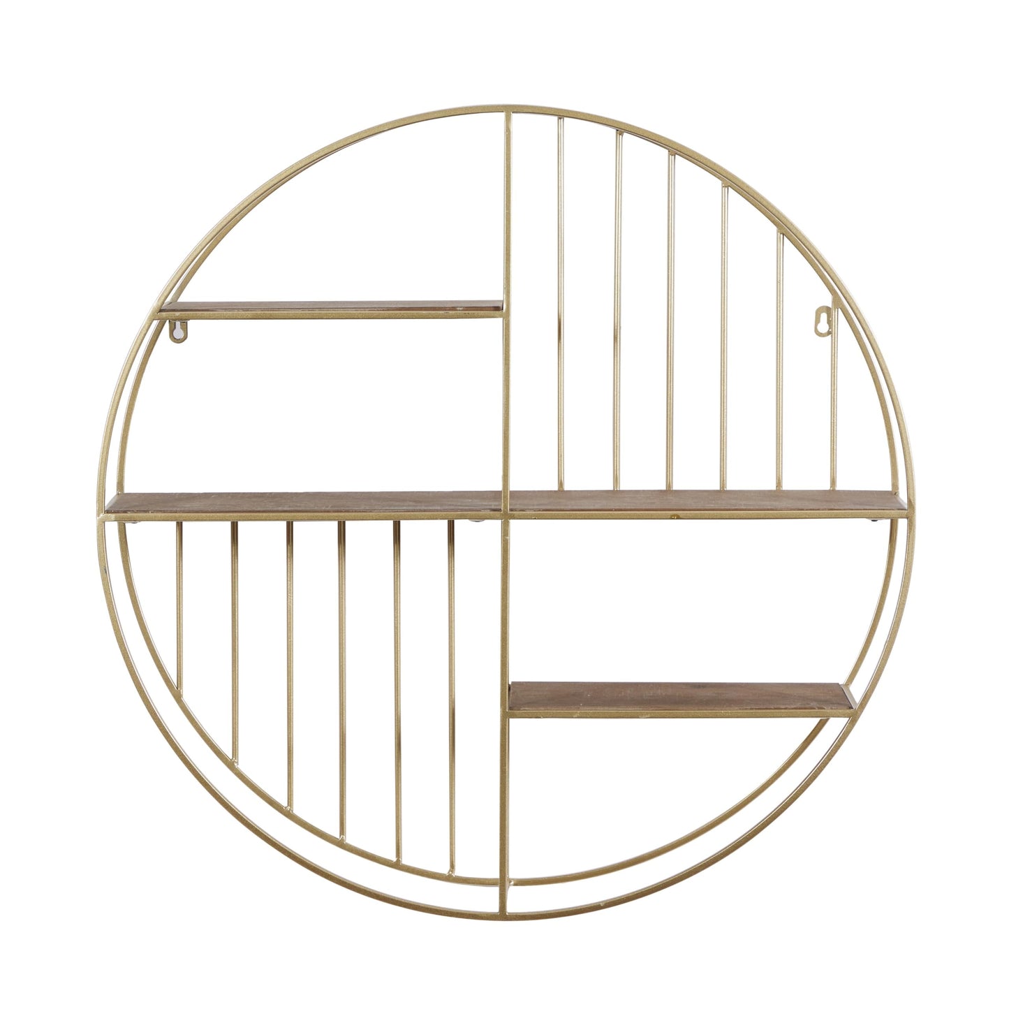 Deco 79 Metal Geometric Wall Shelf Circle with 3 Wood Shelves and Linear Rods, 28" x 7" x 28", Gold