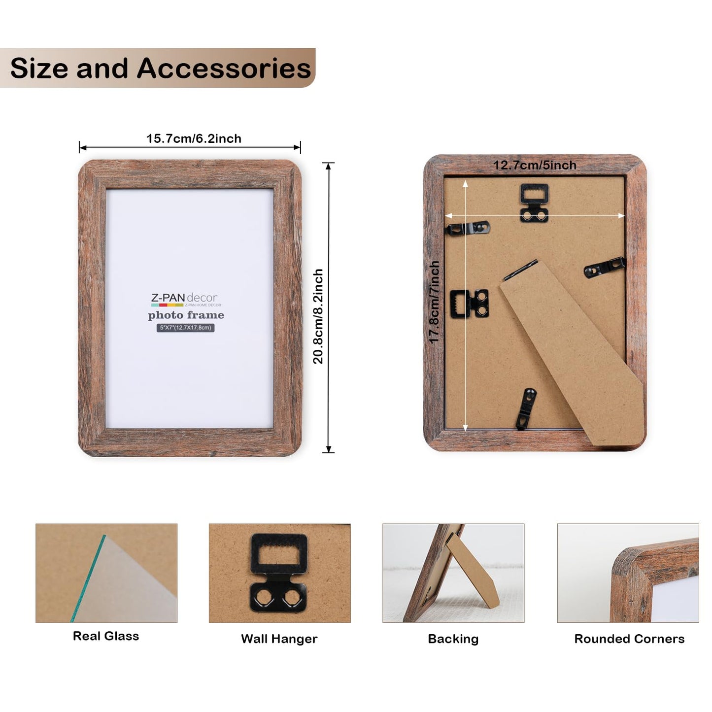ZPAN 5x7 Picture Frames Set of 4, Barn Wood Picture Frame with Real Glass, Rustic Wooden Picture Frame with Rounded Corners, Suitable for Hanging or Tabletop Display (Barn Wood)