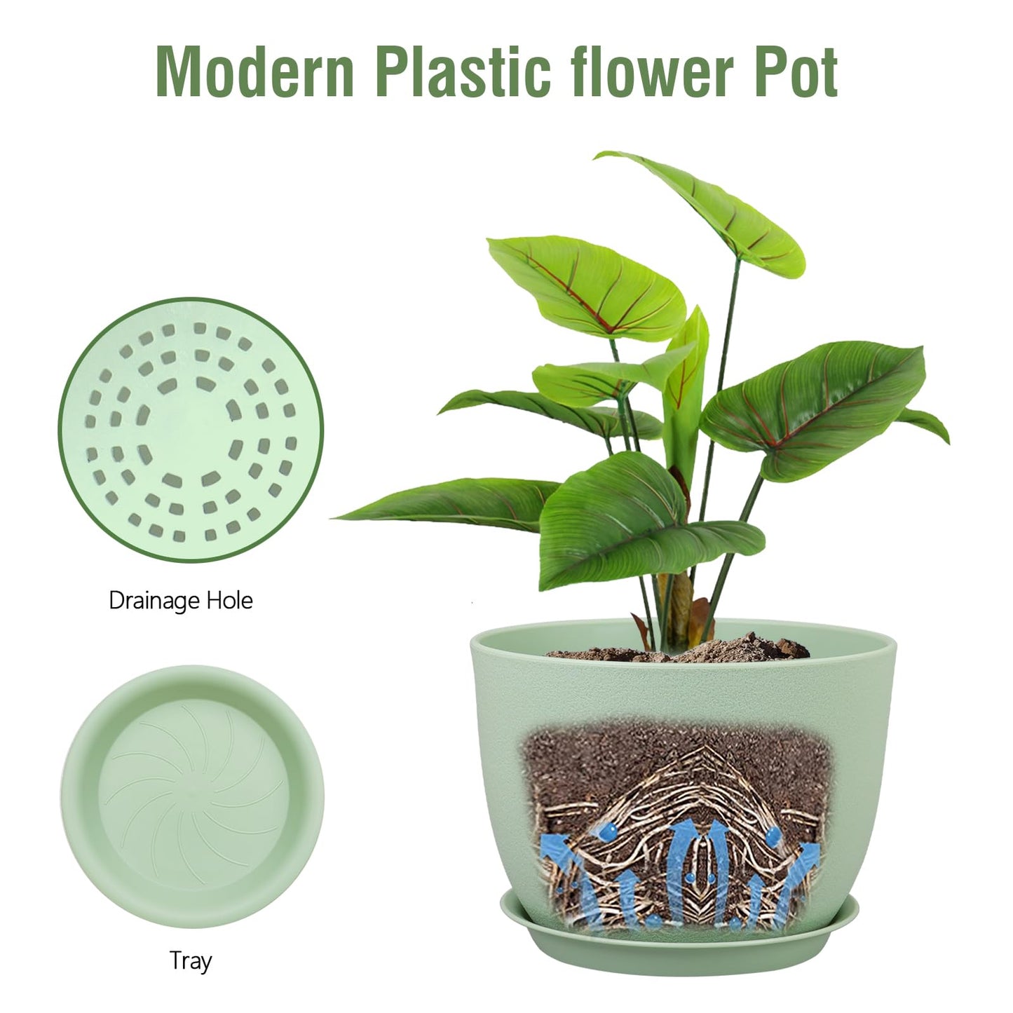 Meowell 12 inch Big Plant Pots, Plastic Planters with Drainage Holes and Trays, Flower Pots for Indoor Outdoor Plants, Modern Decorative Pots for Garden House Plants, Green