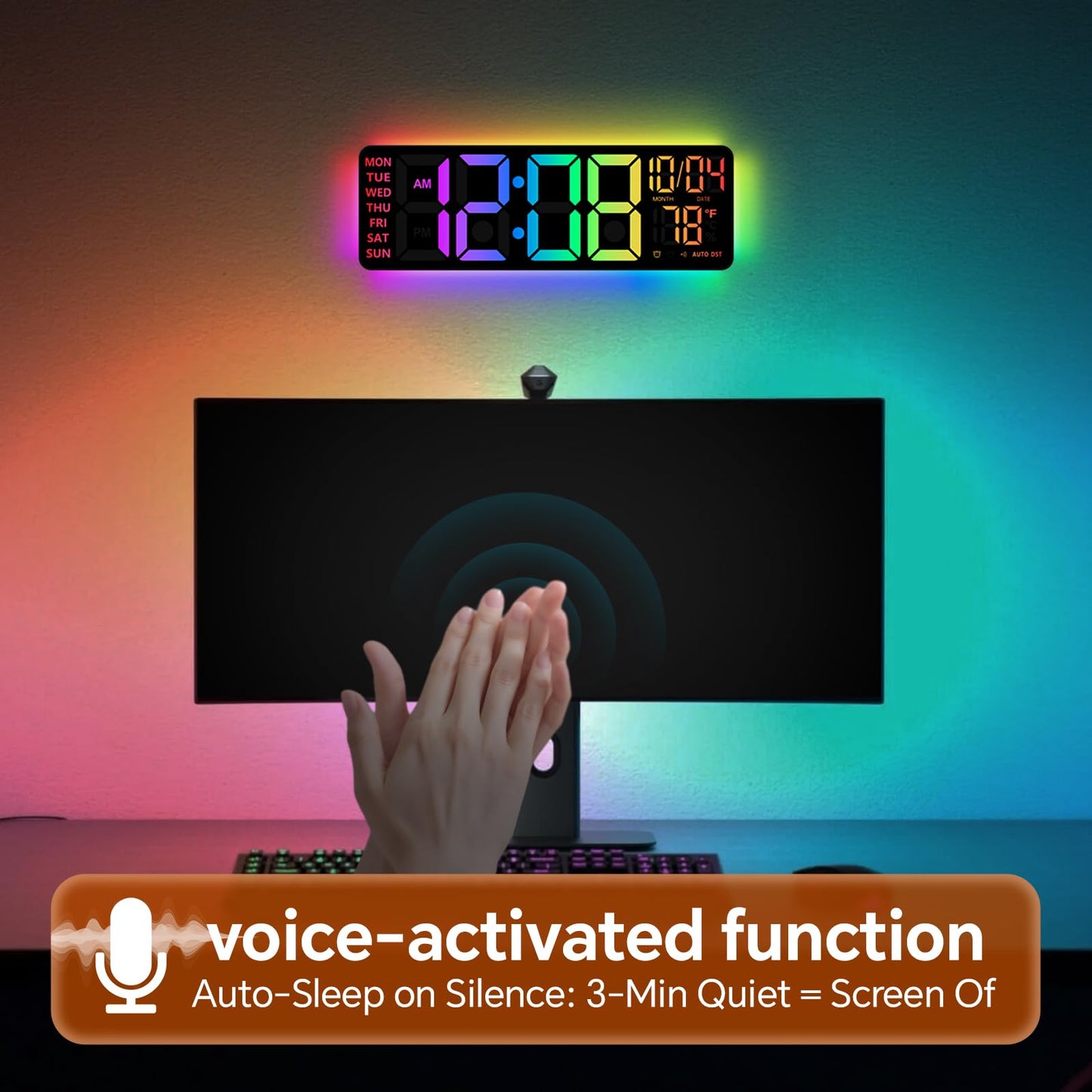 YISILE 16 Inch RGB LED Digital Wall Clock - 8 Color Display, 6 Night Light Modes, Bluetooth Auto Time Sync, Sound Wake-Up, Dual Alarm, Auto DST, Remote Dimmer for Bedroom, Living Room & Gaming Room