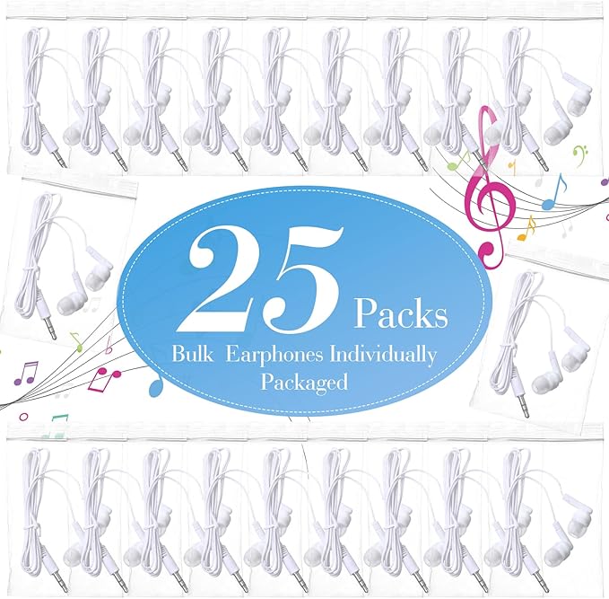 Kanayu 25 Pack Wired Earbuds Bulk for Classroom Ear Headphones Wired Basic Student Earbuds No Microphone with 3.5MM Jack for Class Laptop School Library, Individually Bagged (White)