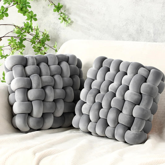 Wenqik 2 Pcs Knot Pillows Square Knotted Plush Throws Soft Accent Pillows Decoration Cushion for Couch Home Office Living Room Bedroom Bed Sofa Decor, 12'' x 13''(Light Gray,Crystal Velvet)