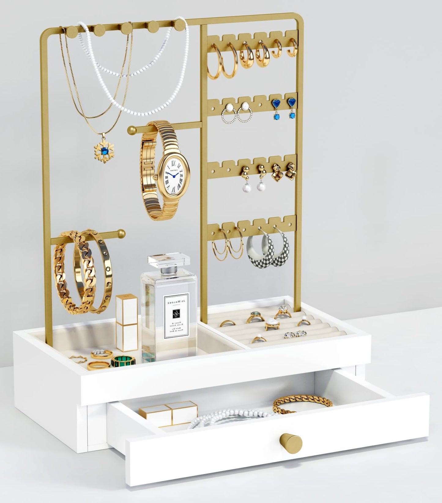 Goozii Gold Jewelry Stand Organizer Necklace Holder, Birthday Gifts for Women Girls, Small Jewelry Stand for Earrings Rings Bracelets, Velvet Jewelry Hanger Tree, Mothers Day Gifts - White and Gold