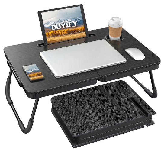 BUYIFY Foldable Laptop Bed Desk for Couch, Sofa - Large Lap Desk Tray Table with Cup Holder and Tablet Slot - Portable Notebook Stand for Eating, Writing, Studying and WFH -NEW-006-USA Original Patent