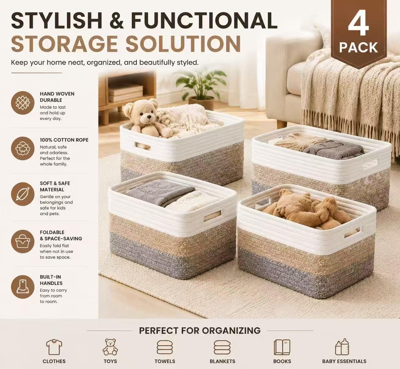 Set of 4，15.8"×13.7"×7.8"Cotton Rope Baskets for Shelves, Woven Storage Baskets for Organizing - Closet, Nursery, Bedroom, Playroom Books, Clothes