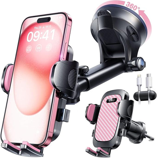 YRU True Military-Grade [360° Rotation Suction] 2025 Ultimate Car Phone Holder Mount 【90+LBS Safest Strongest & Patent Certs】 Dashboard Windshield Vent for iPhone 17 16 Pro Max Samsung, Pale Pink