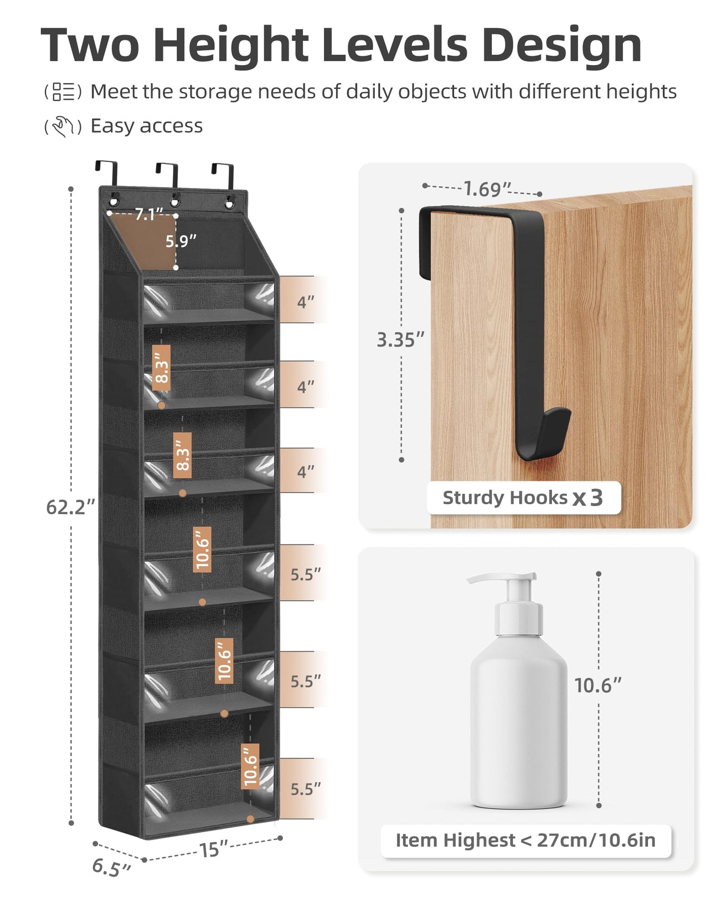 STORAGE MANIAC Over the Door Organizer 6-Shelf Closet Hanging Storage with 14 Mesh Pockets, 66lbs Capacity Clear Deep Pockets Behind Door Storage for Nursery, Bathroom, Bedroom, 1 Pack Black
