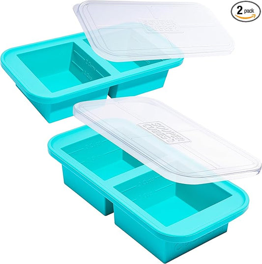 Souper Cubes 2 Cup Silicone Freezer Molds with Lids – Soup Cubes for Freezing Lasagna, Leftovers, Soups, Sauces, Casseroles, Meal Prep Meals and More – Aqua 2-Pack