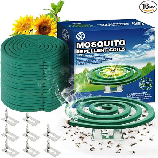Mosquito Repellent Coils - Outdoor Use Reaches Up to 10 feet - Each Coil Burns for 5-7 Hours (16 coils & 8 Coil Stands)