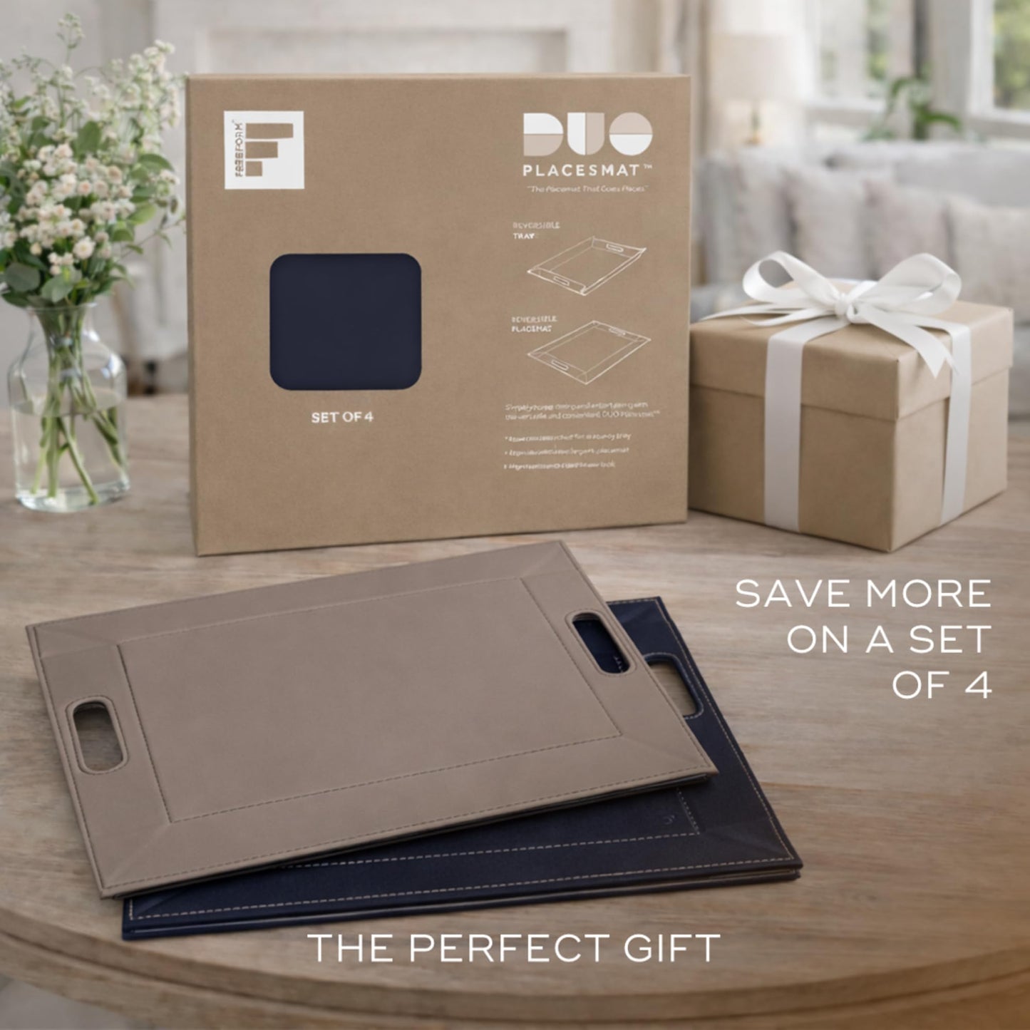 FREEFORM PLACEsMAT 2-in-1 Faux Leather Placemat & Serving Tray | Reversible Design, Lays Flat & Easy to Clean | Ottoman Food Tray, Perfect Housewarming Gift, 18” x 14” (Blue & Taupe, Set of 4)