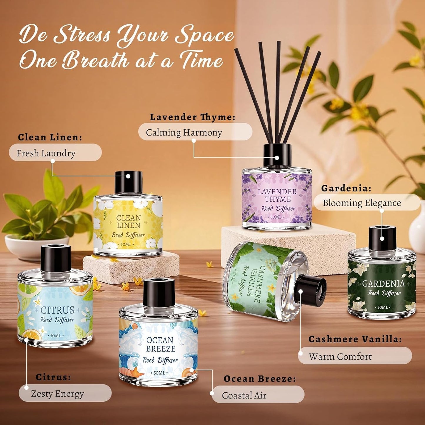 Vetuslumen 6 Pack Reed Diffuser Sets, Essential Oil Reed Diffusers for Home with 30 Sticks, Long Lasting Scent, Gift Ready Fragrance Diffuser for Bedroom, Bathroom, Office, Home Decor (1.69oz Each)