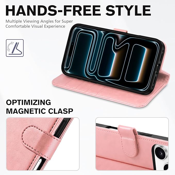 TUCCH Case Wallet for iPhone 17 Pro (6.3") 2025, Stand | RFID Blocking | 4 Card Holder | PU Leather | Magnetic Closure Folio Protective Cover | TPU Shockproof Inner Shell | Rose Gold