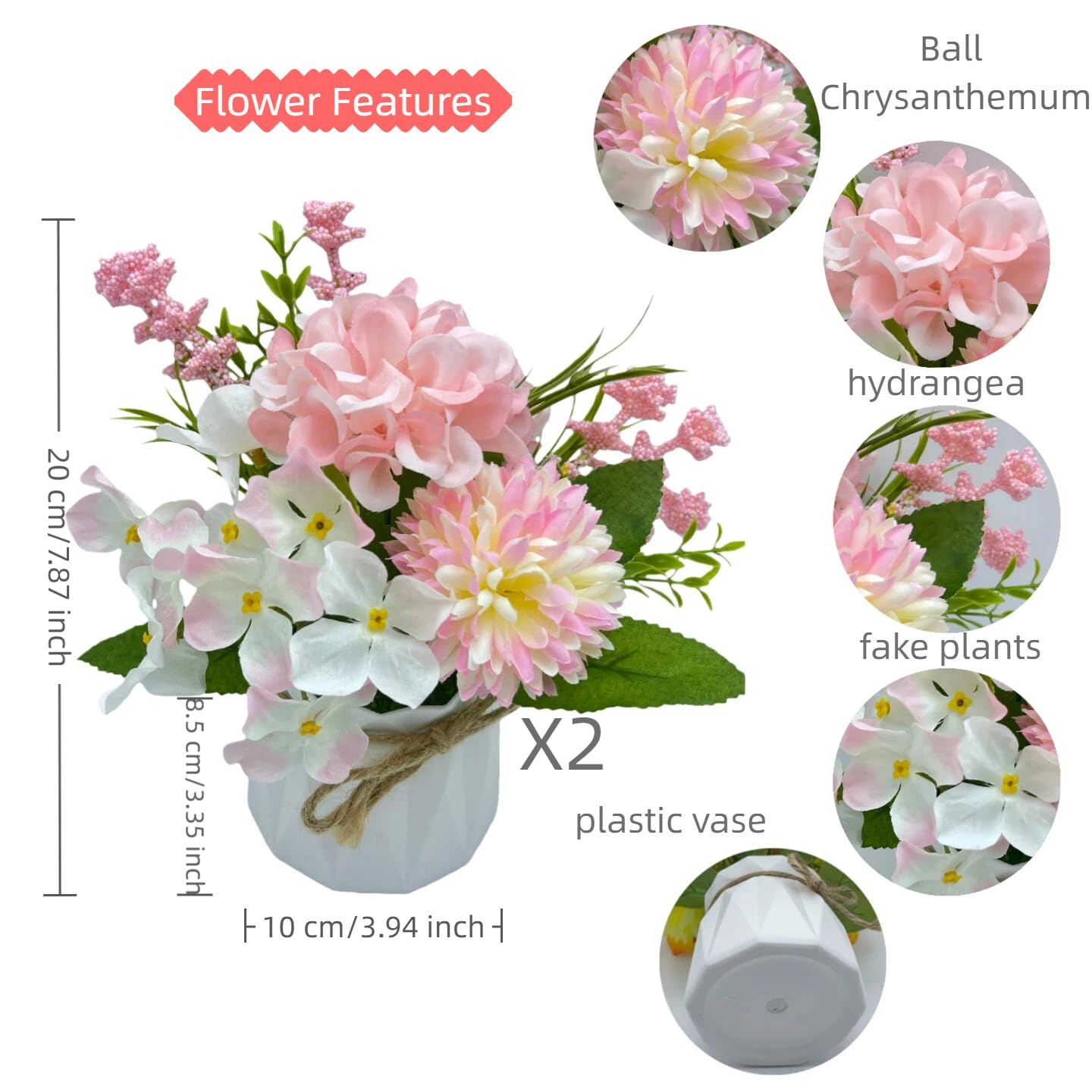 Carfoeny 2 Potted Pink White Hydrangea Artificial Flowers Indoor Fake Plant Bathroom Accessories Decor，Faux Silk Flowers Arrangement in Vase Centerpieces for Tables Dresser Shelf Decor Aesthetic