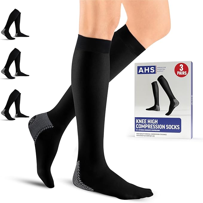 American Hospital Supply – Knee High Compression Socks – 15–20 mmHg, Black, Small – Lightweight Medical Stockings – Pack of 3 Pairs