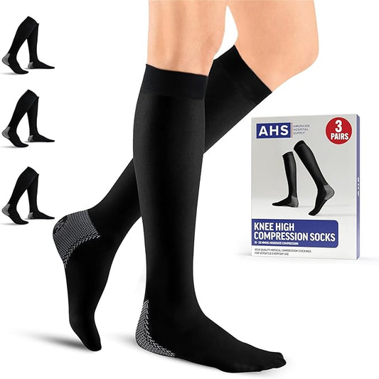 American Hospital Supply – Knee High Compression Socks – 15–20 mmHg, Black, Medium – Lightweight Medical Stockings for Daily Wear – Pack of 3 Pairs