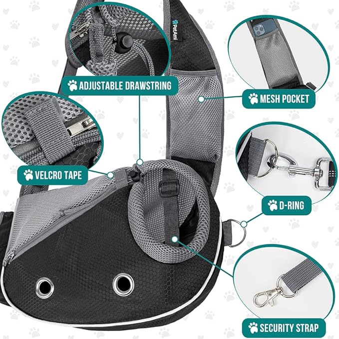 PetAmi Dog Sling Carrier for Small Dogs, Puppy Carrier Sling Purse, Dog Bags For Traveling, Carrying Bag to Wear Medium Cat, Adjustable Crossbody Pet Sling Travel Poop Bag Dispenser, Max 10 lbs, Black