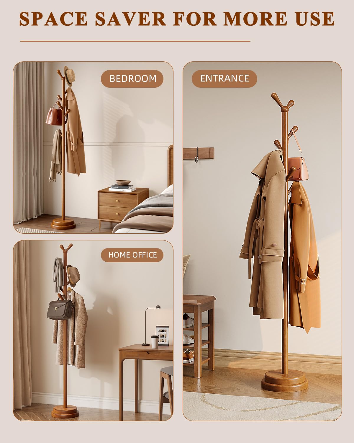 Freestanding Coat Rack, Solid Wood Coat Tree with 8 Smooth Rounded Hooks, Adjustable Height Heavy Duty Coat Rack with Dual-Layer Base, Holds Coats Hats Bags for Entryway, Bedroom, Living Room