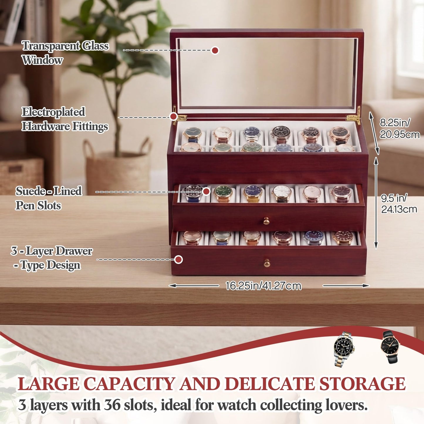 Silipull 36 Slot Watch Storage Box 3-layer Wood Storage Organizer with Acrylic Lid Display Box for Men and Women Top Layer for Larger Watches 2 Drawers for Regular Size Watch Collection