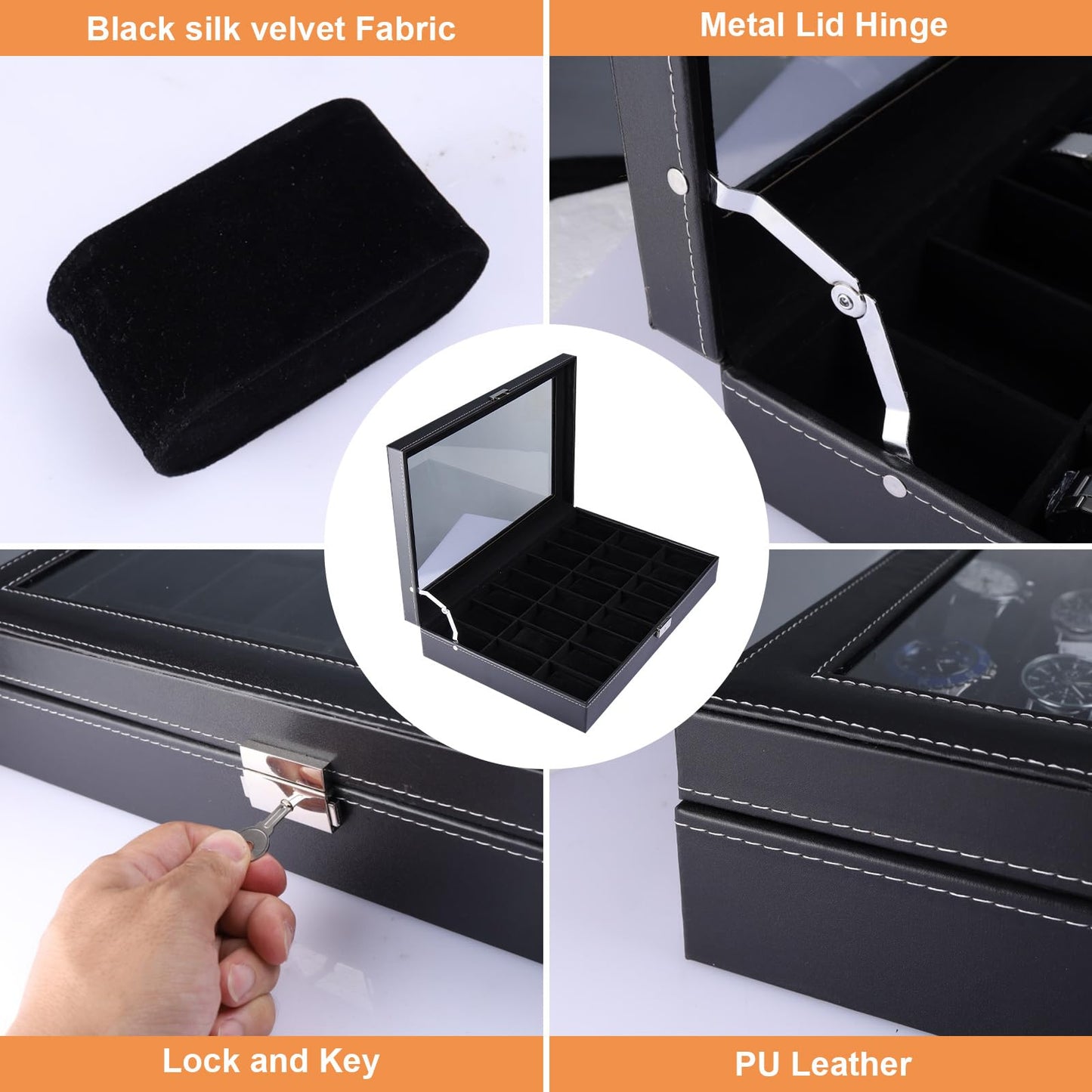 Artilife 24 Slot Watch Box for Men,Watch Cases for Men,Watch Display Case,Glass Top,PU Leather Display Storage Collection Organizer Jewelry Case Watch Organizer with Removable Pillows Black