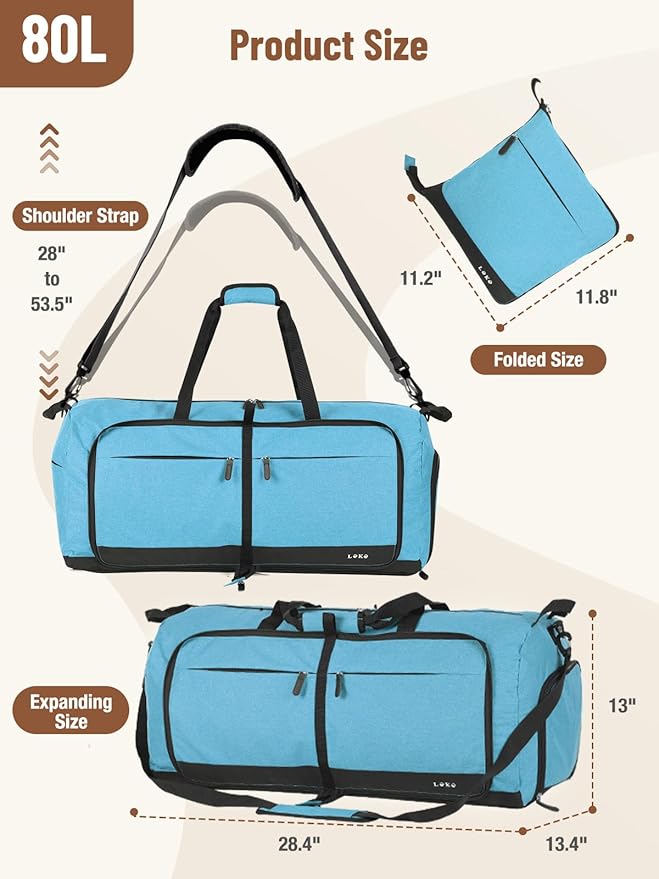 Lekesky Foldable Travel Duffel Bag for Women, 80L Large Duffle Bag with Separate Shoes Compartments & Straps, Carry On Weekend Bag for Women, Hospital, Overnight(Azure)