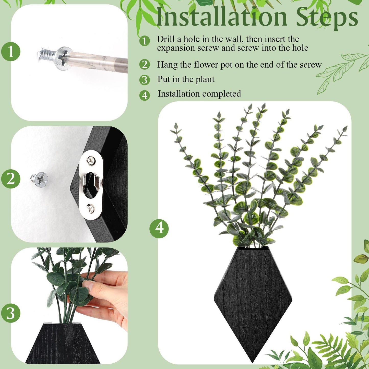 Chunful 2 Pcs Wooden Wall Planter Decor Hanging Fake Plants Greenery Flowers Holder Vase Boxes for Wall Bohemian Farmhouse Room Kitchen Office Indoor Decoration(Black,7.1 x 4.7 x 1.2 Inches)
