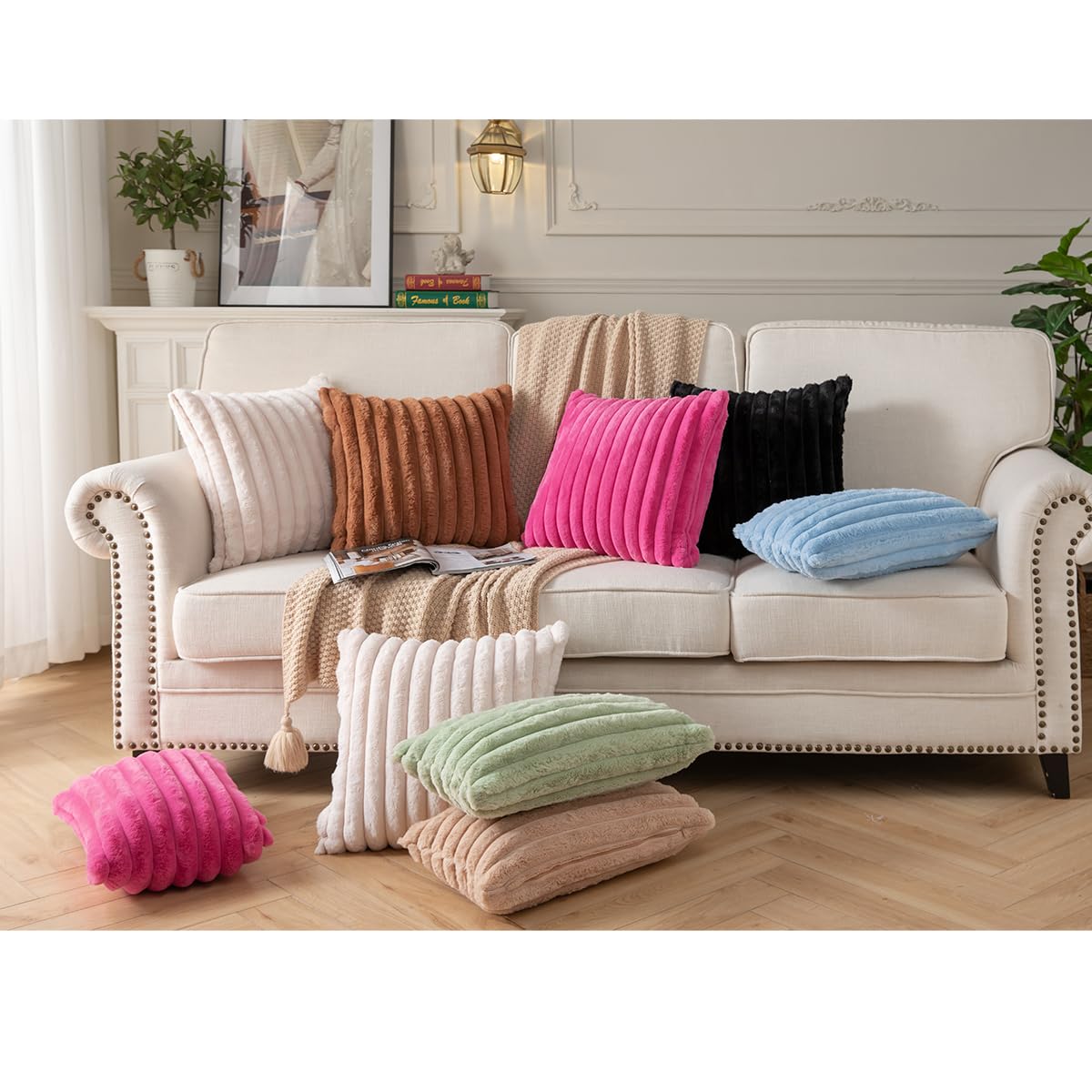 DEELAND Pack of 2,Double-Sided Faux Fur Plush Decorative Throw Pillow Covers Fuzzy Striped Soft Pillowcase Cushion Covers for Sofa Couch Bedroom